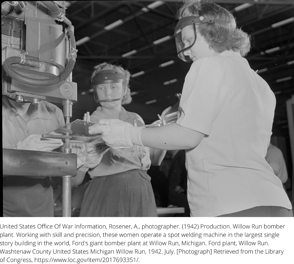 Women operate spot welding machine 1942